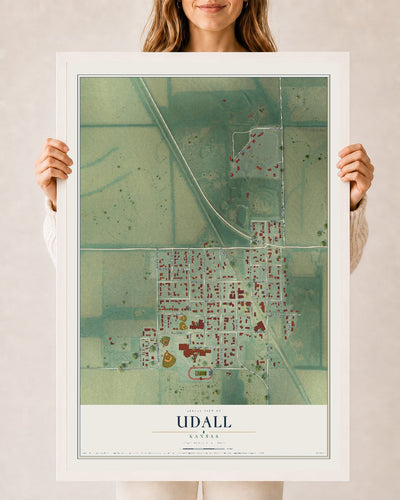 Map of Udall, Kansas, 24 x 36 inch print in a white wood frame