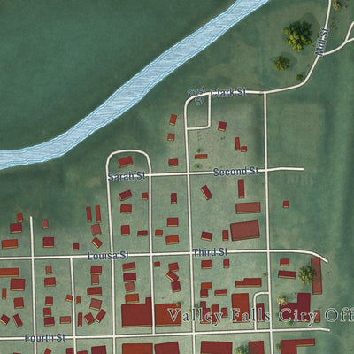 Second close-up of the map of Valley Falls, Kansas print showing more streets and buildings