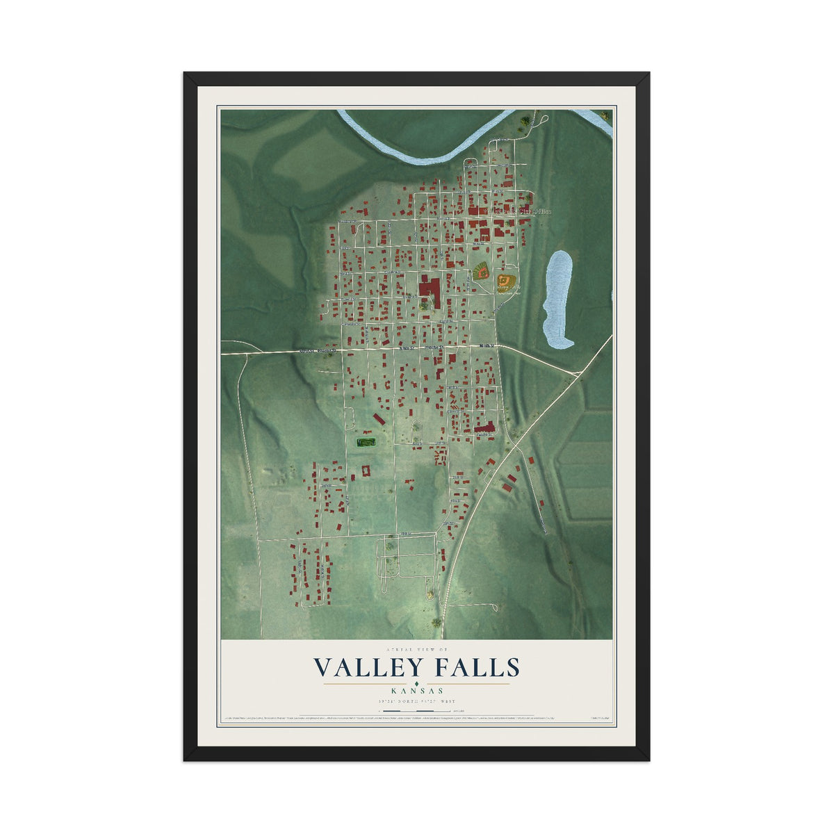 Map of Valley Falls, Kansas, 12 x 18 inch print in a black wood frame