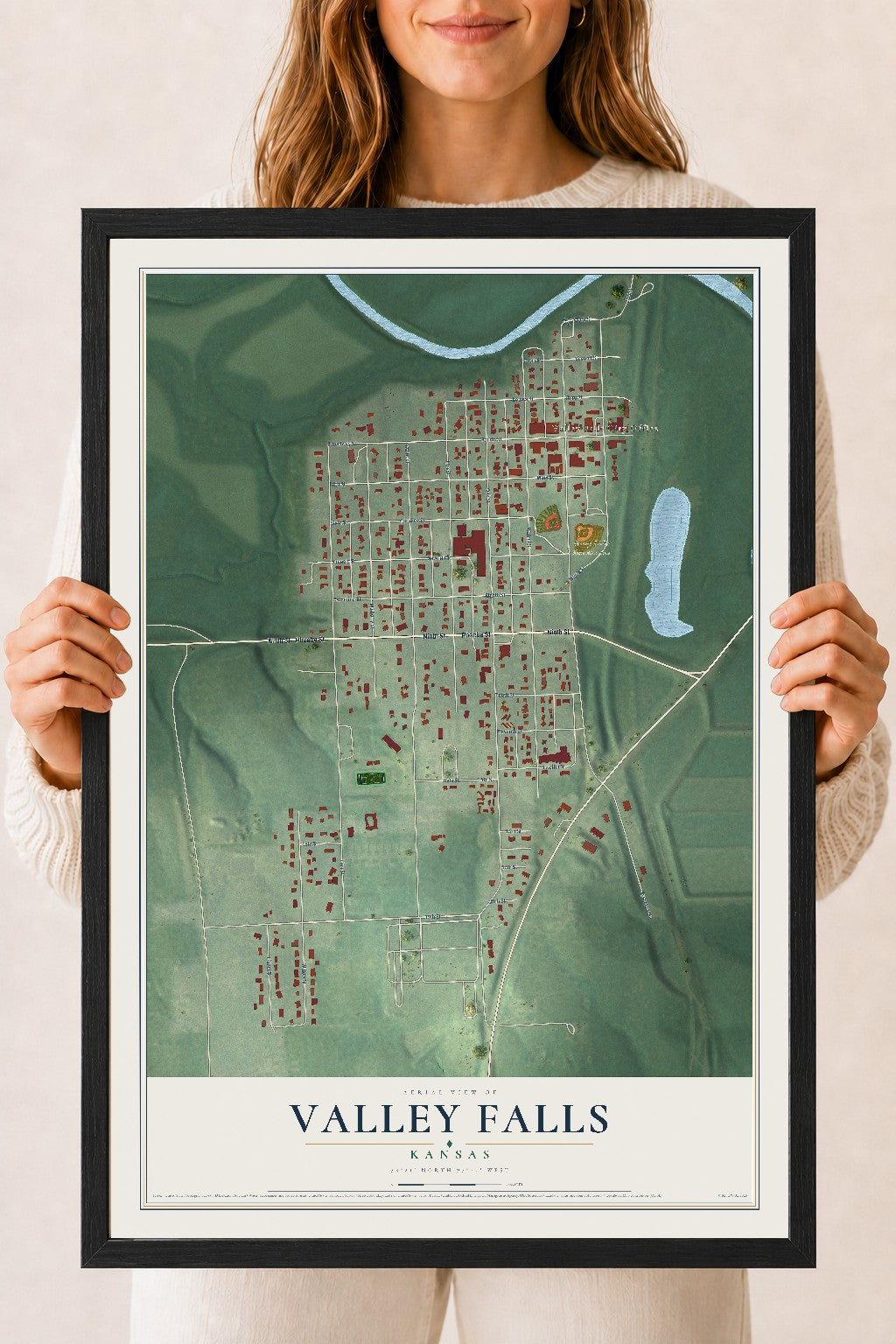 Map of Valley Falls, Kansas, 18 x 24 inch print in a black wood frame