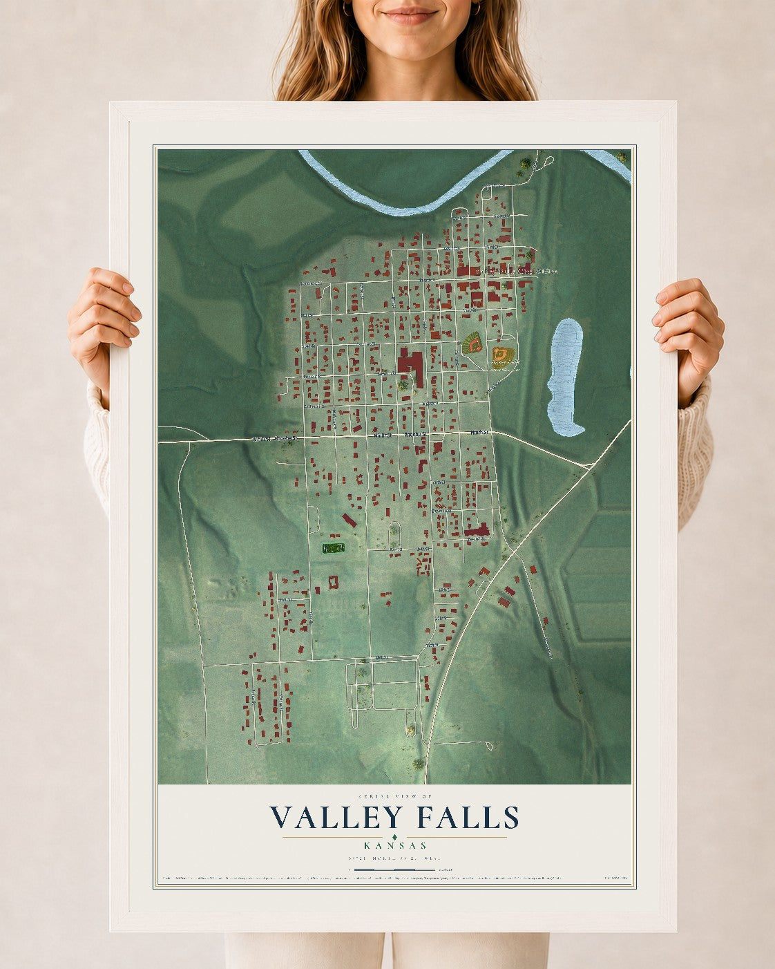 Map of Valley Falls, Kansas, 24 x 36 inch print in a white wood frame
