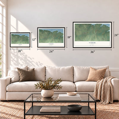 Vassar, Kansas map in 12 x 18, 18 x 24 and 24 x 36 inch sizes above a sofa