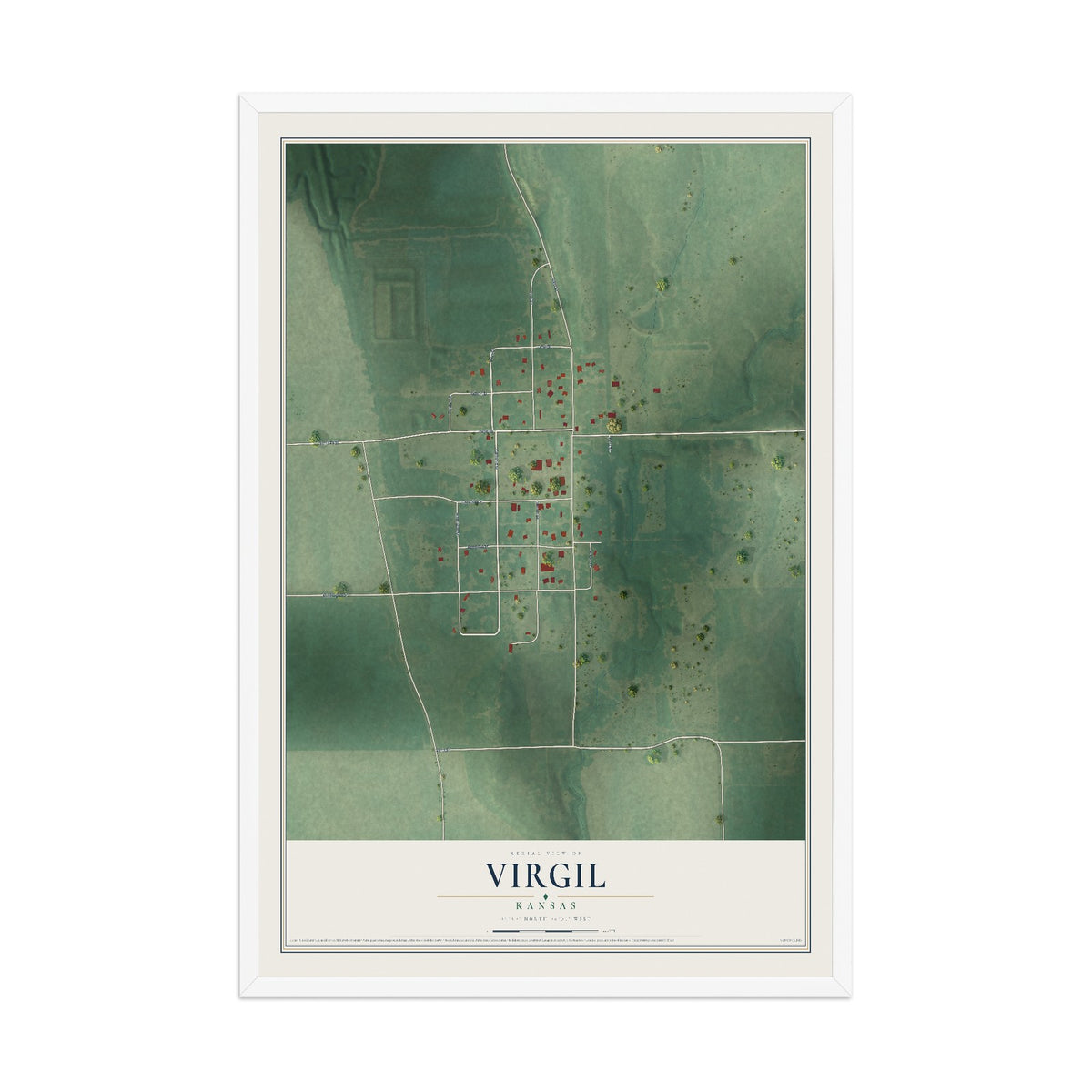 Map of Virgil, Kansas, 12 x 18 inch print in a white wood frame