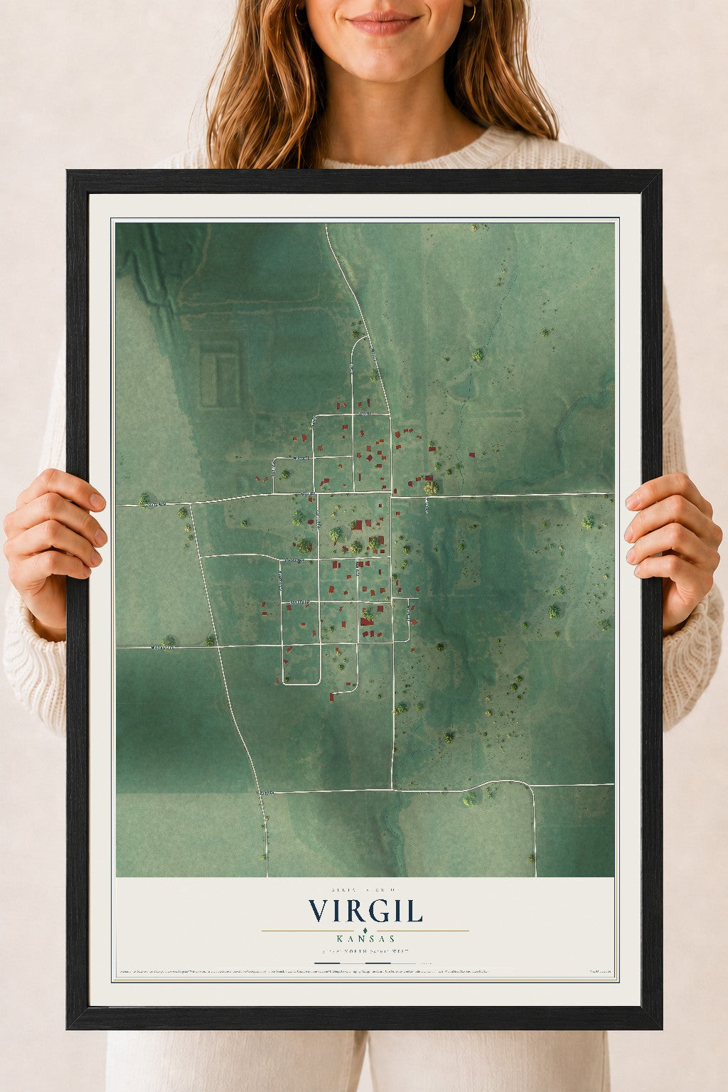 Map of Virgil, Kansas, 18 x 24 inch print in a black wood frame
