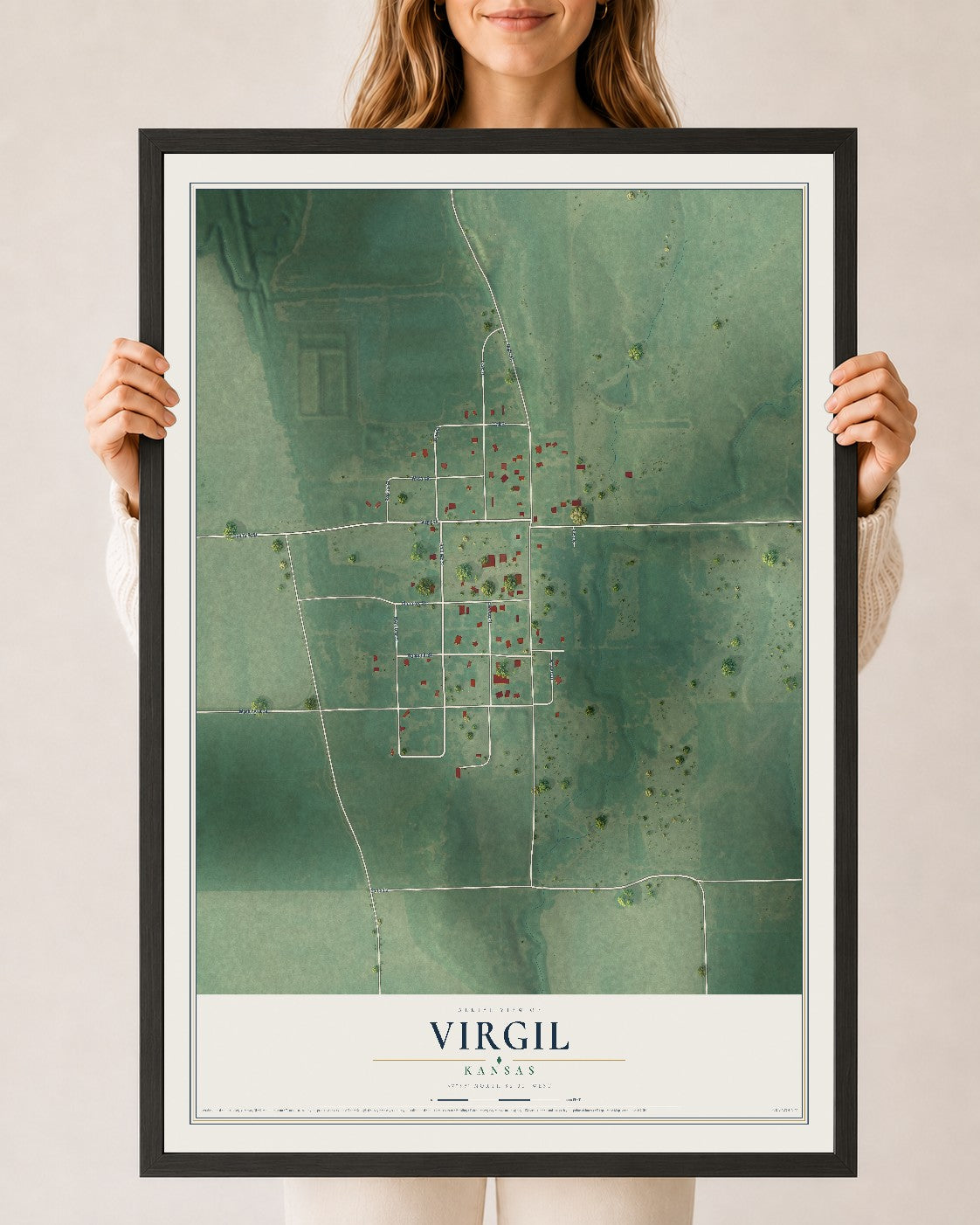 Map of Virgil, Kansas, 24 x 36 inch print in a black wood frame
