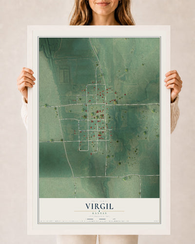 Map of Virgil, Kansas, 24 x 36 inch print in a white wood frame