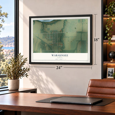Wabaunsee, Kansas map, 18 x 24 inch print in a black frame in a home office