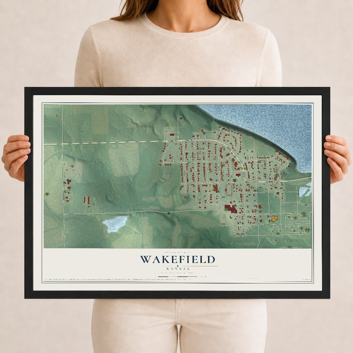 Map of Wakefield, Kansas, 12 x 18 inch print in a black wood frame
