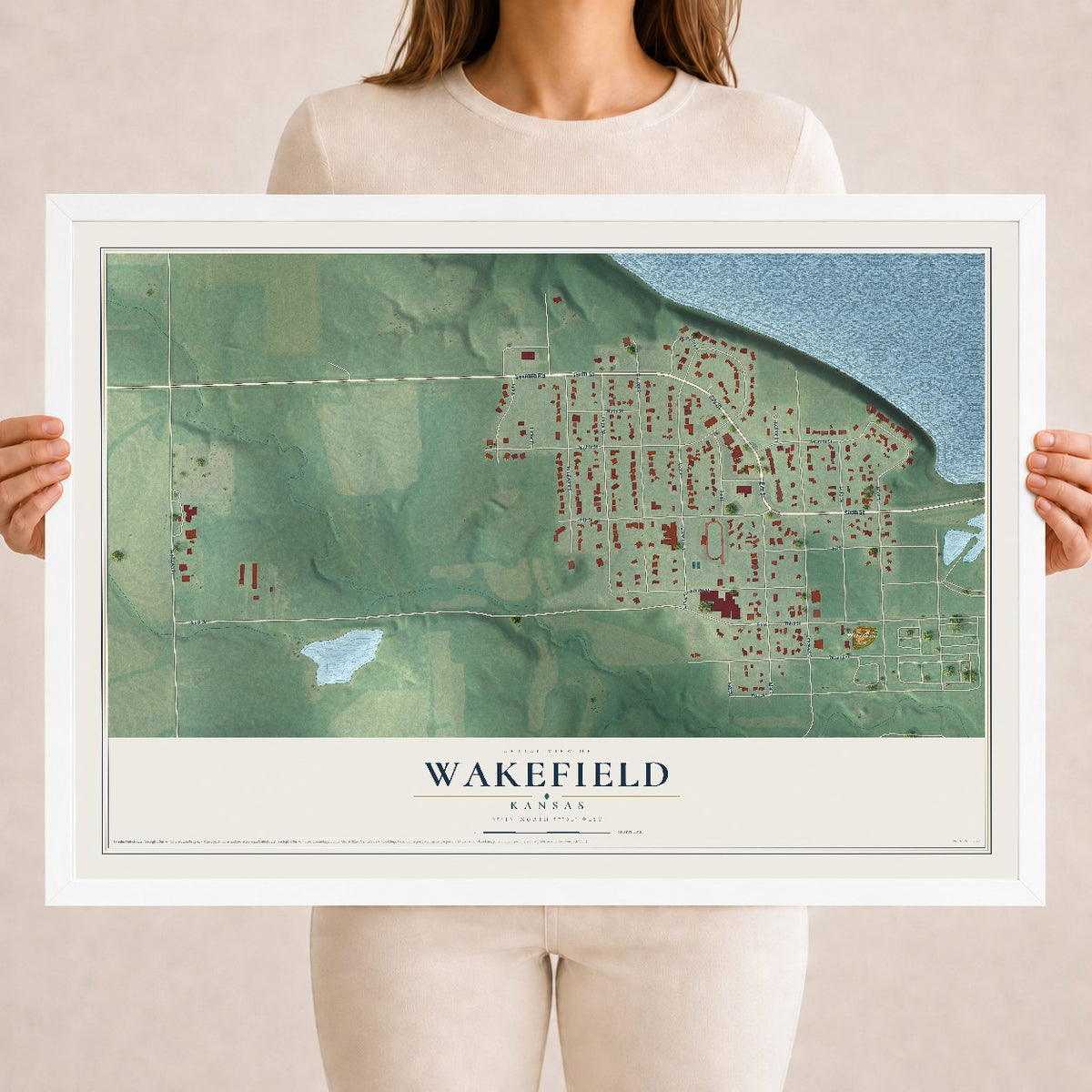 Map of Wakefield, Kansas, 18 x 24 inch print in a white wood frame