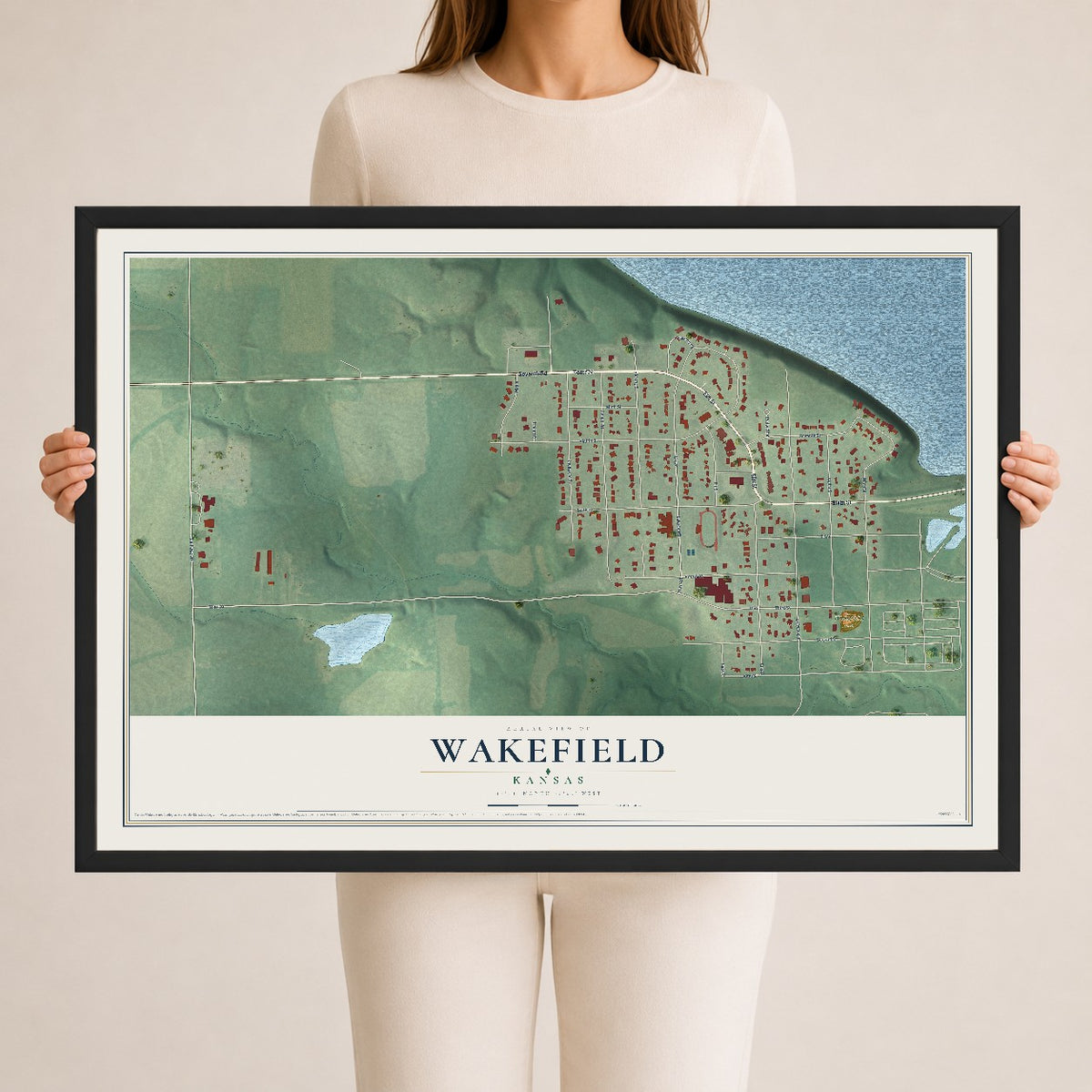 Map of Wakefield, Kansas, 24 x 36 inch print in a black wood frame
