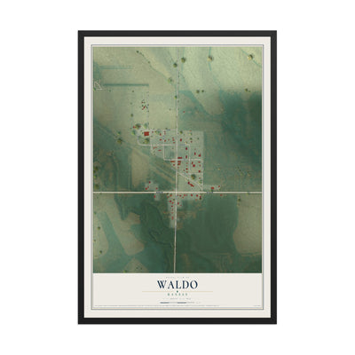 Map of Waldo, Kansas, 12 x 18 inch print in a black wood frame