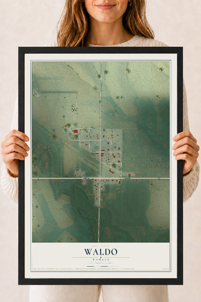 Map of Waldo, Kansas, 18 x 24 inch print in a black wood frame