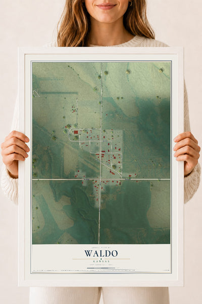 Map of Waldo, Kansas, 18 x 24 inch print in a white wood frame
