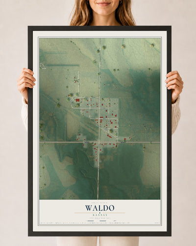 Map of Waldo, Kansas, 24 x 36 inch print in a black wood frame