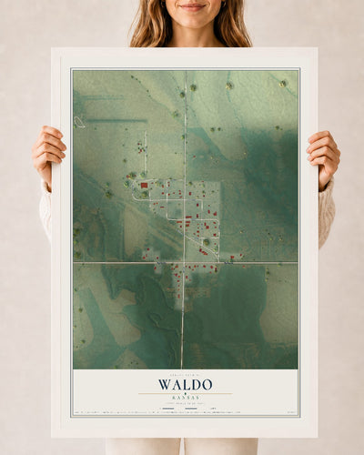 Map of Waldo, Kansas, 24 x 36 inch print in a white wood frame