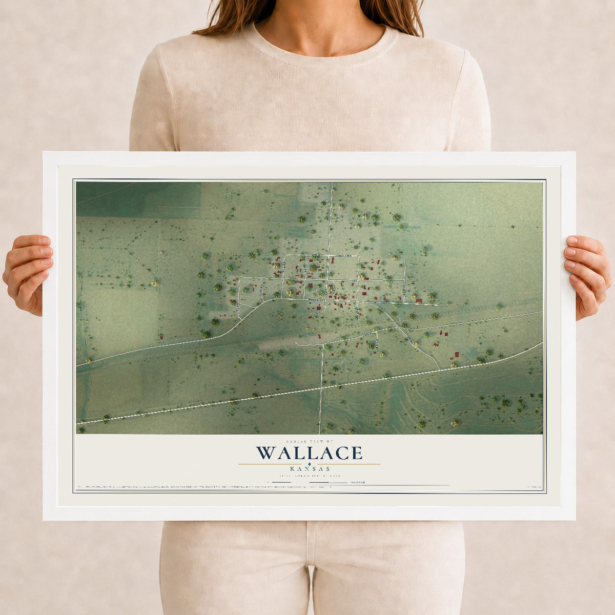 Map of Wallace, Kansas, 12 x 18 inch print in a white wood frame