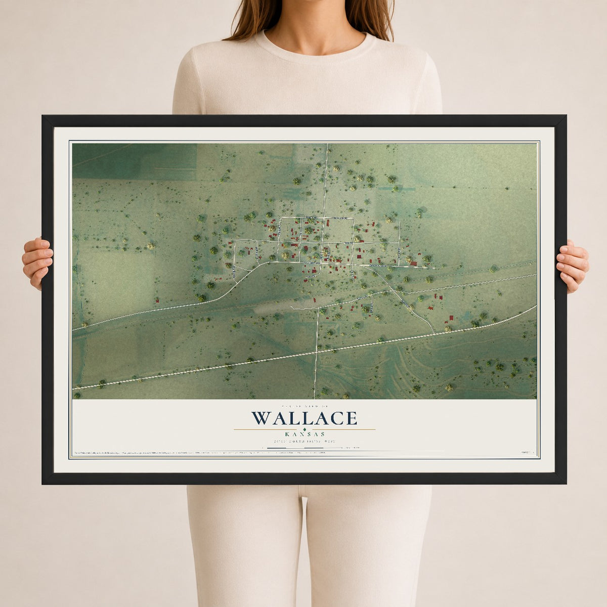 Map of Wallace, Kansas, 24 x 36 inch print in a black wood frame