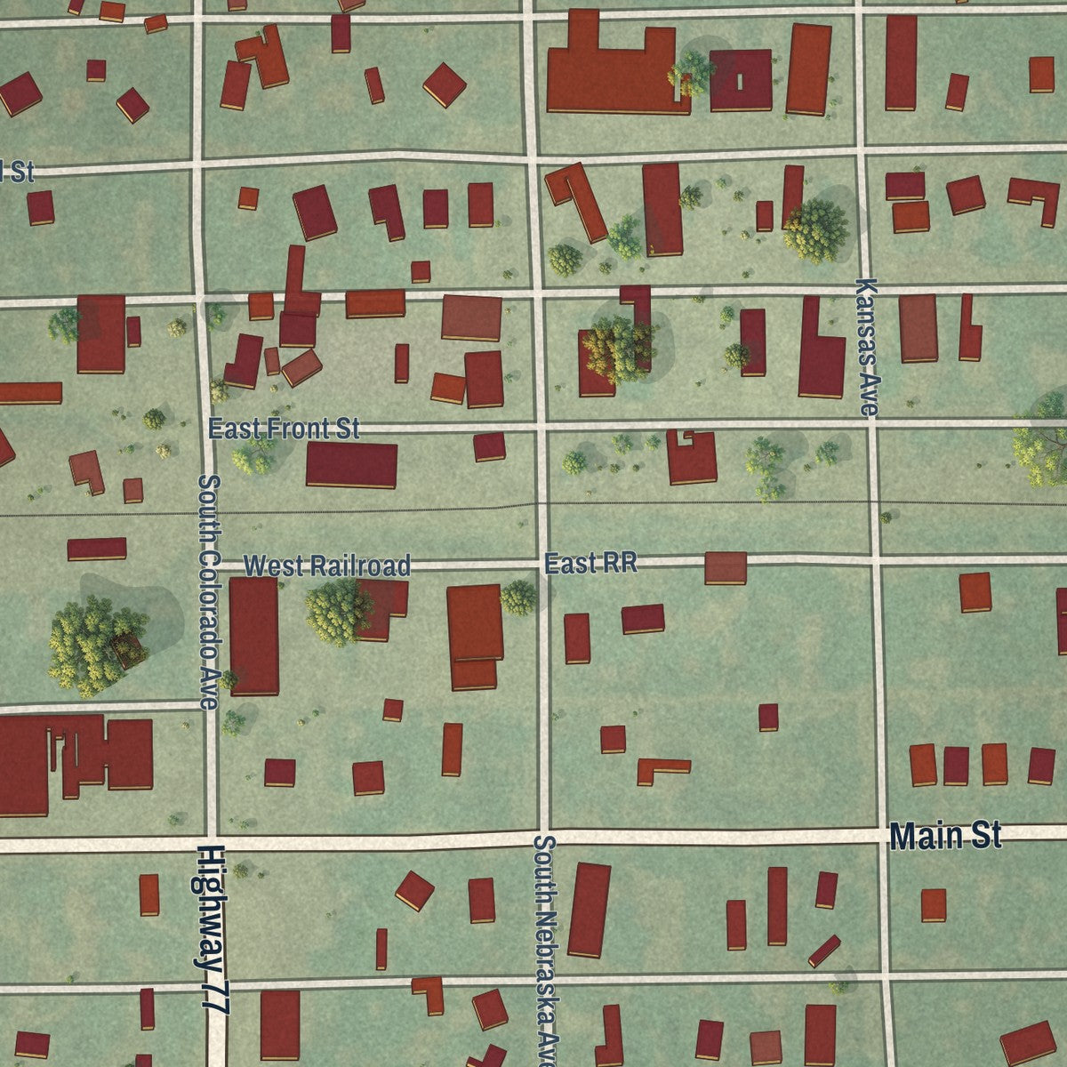 Close-up of the map of Waterville, Kansas print showing street and building detail