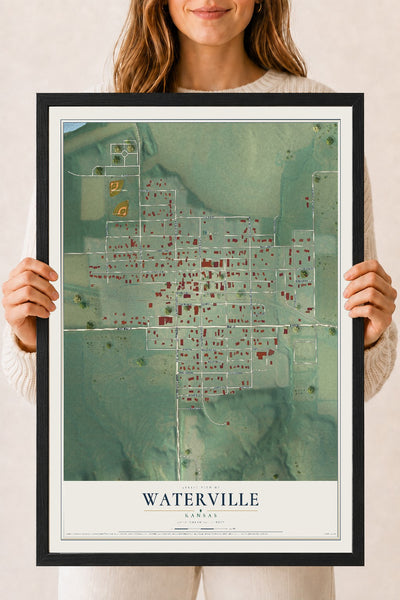 Map of Waterville, Kansas, 18 x 24 inch print in a black wood frame