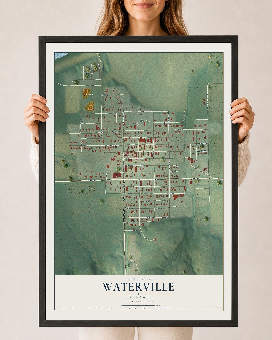 Map of Waterville, Kansas, 24 x 36 inch print in a black wood frame
