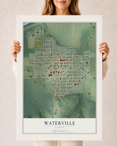 Map of Waterville, Kansas, 24 x 36 inch print in a white wood frame