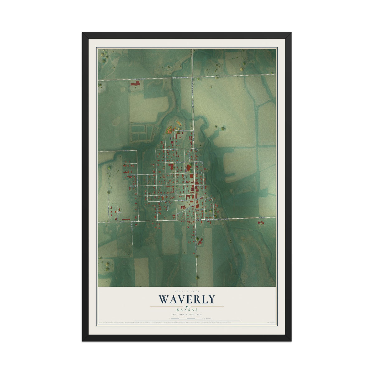 Map of Waverly, Kansas, 12 x 18 inch print in a black wood frame