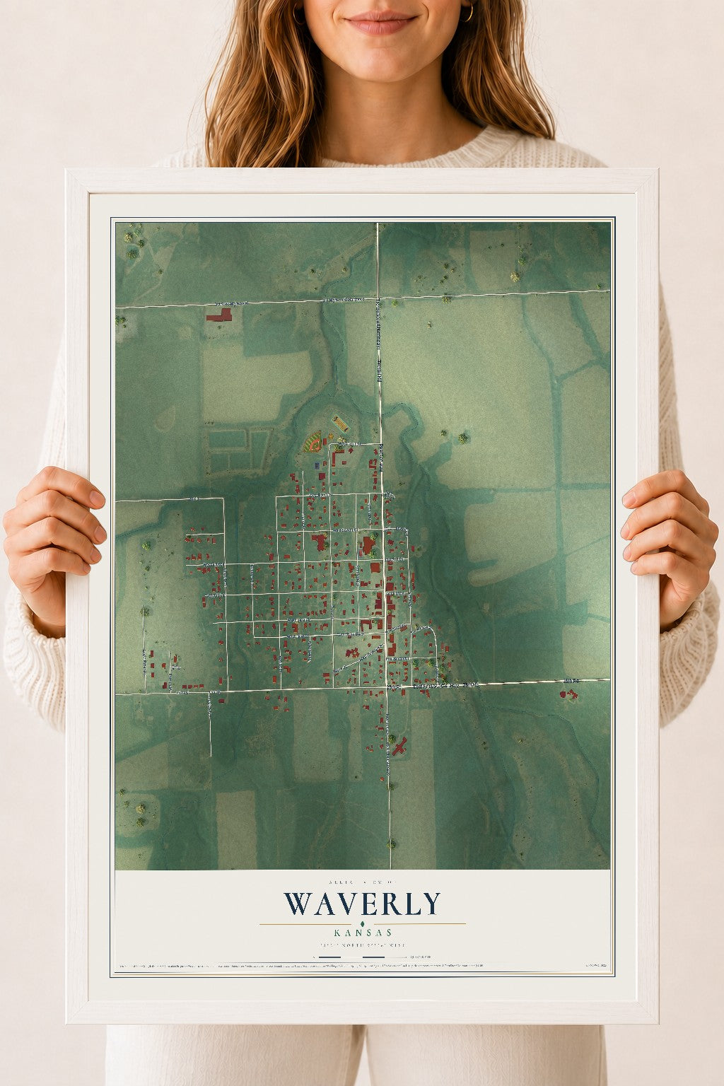 Map of Waverly, Kansas, 18 x 24 inch print in a white wood frame