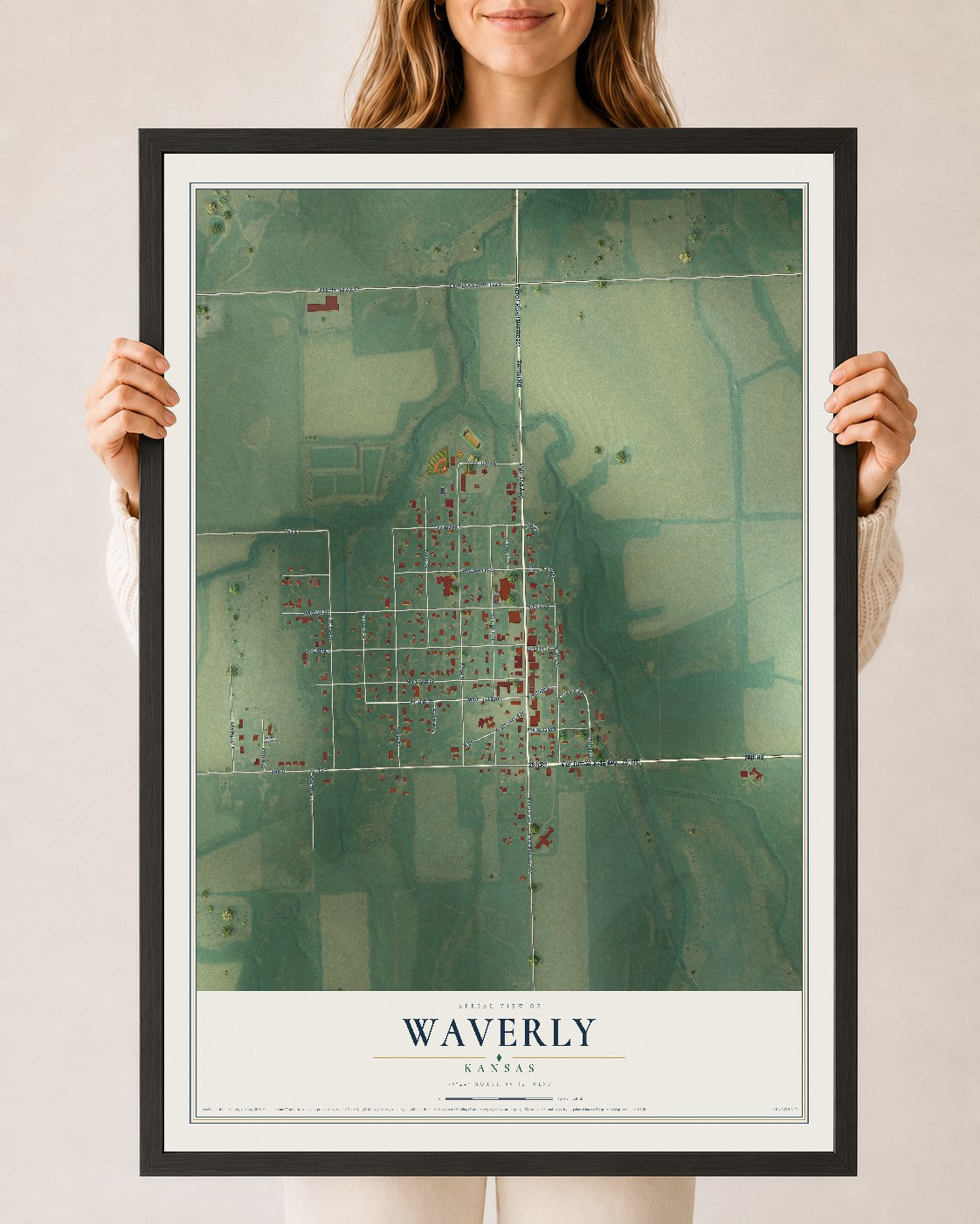 Map of Waverly, Kansas, 24 x 36 inch print in a black wood frame