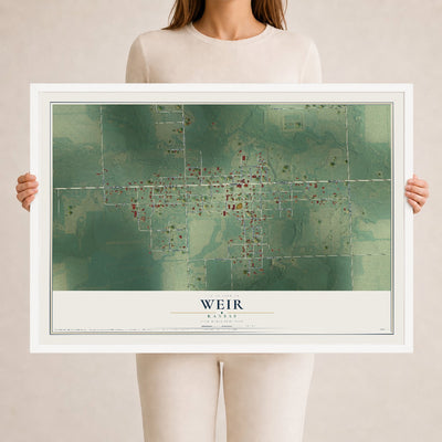 Map of Weir, Kansas, 24 x 36 inch print in a white wood frame