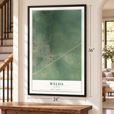 Welda, Kansas map, 24 x 36 inch print in a black frame by a staircase