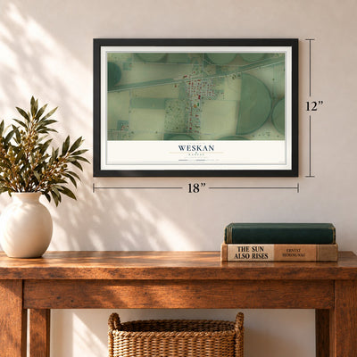 Weskan, Kansas map, 12 x 18 inch print in a black frame in an entryway