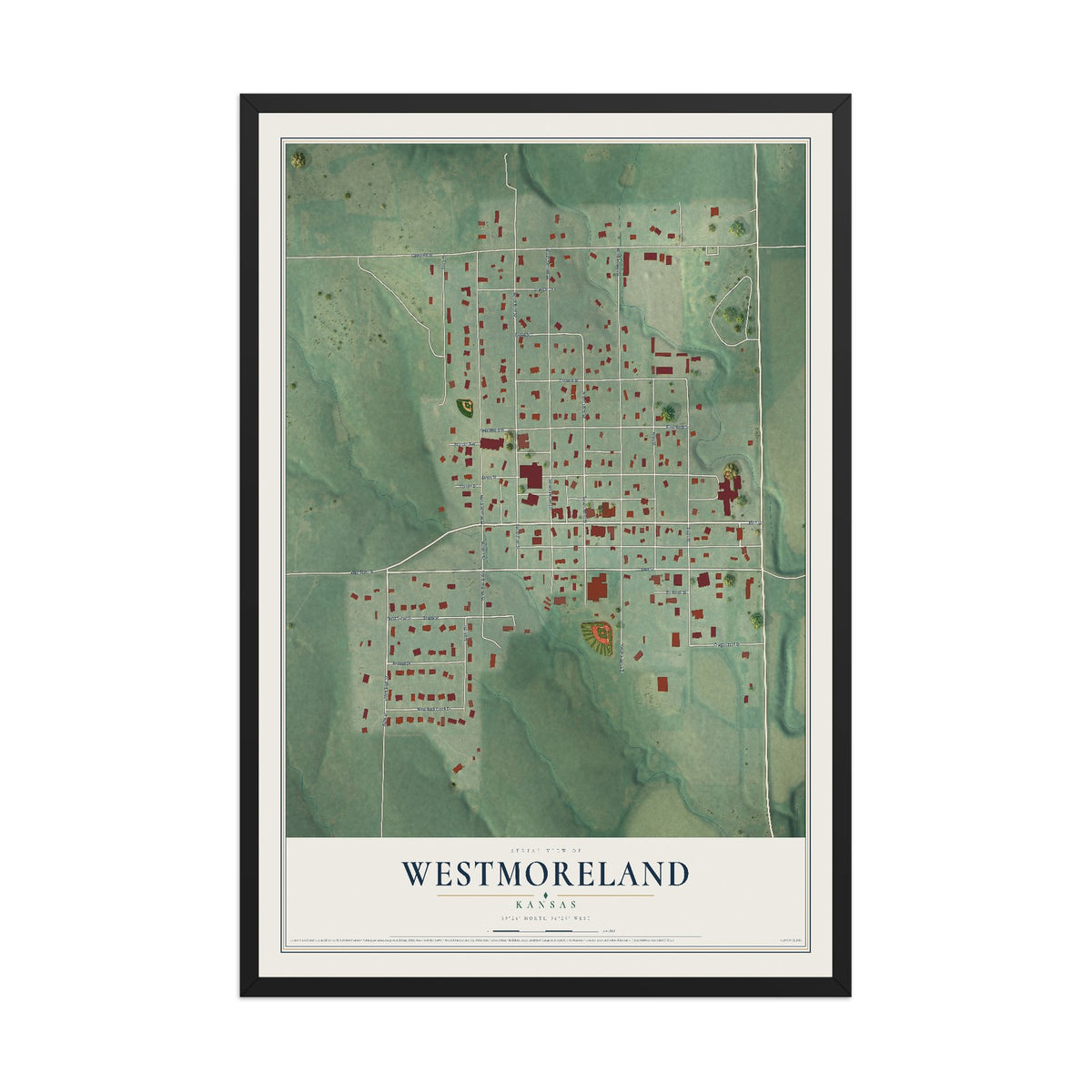 Map of Westmoreland, Kansas, 12 x 18 inch print in a black wood frame