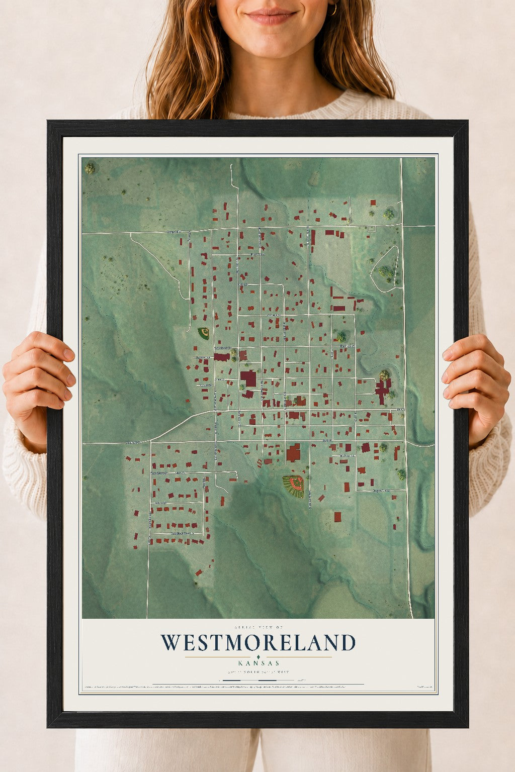 Map of Westmoreland, Kansas, 18 x 24 inch print in a black wood frame