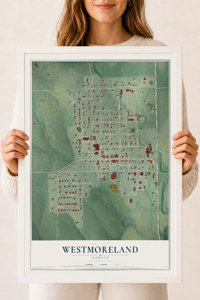 Map of Westmoreland, Kansas, 18 x 24 inch print in a white wood frame