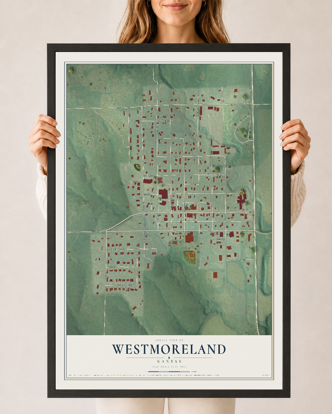 Map of Westmoreland, Kansas, 24 x 36 inch print in a black wood frame