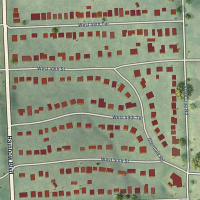Close-up of the map of Westwood Hills, Kansas print showing street and building detail