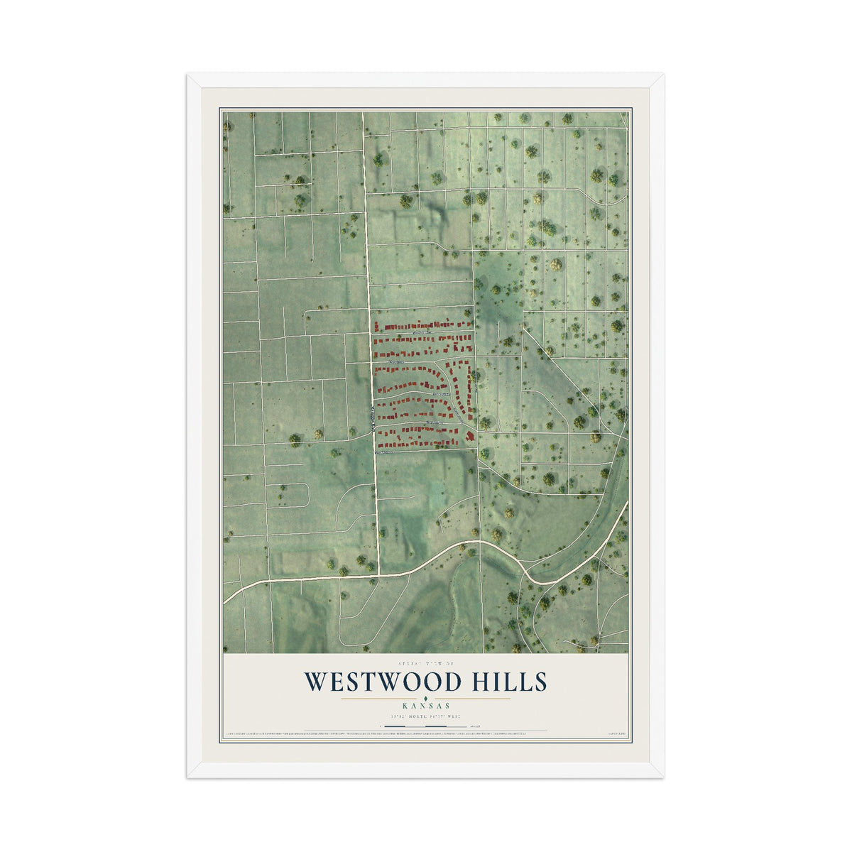 Map of Westwood Hills, Kansas, 12 x 18 inch print in a white wood frame