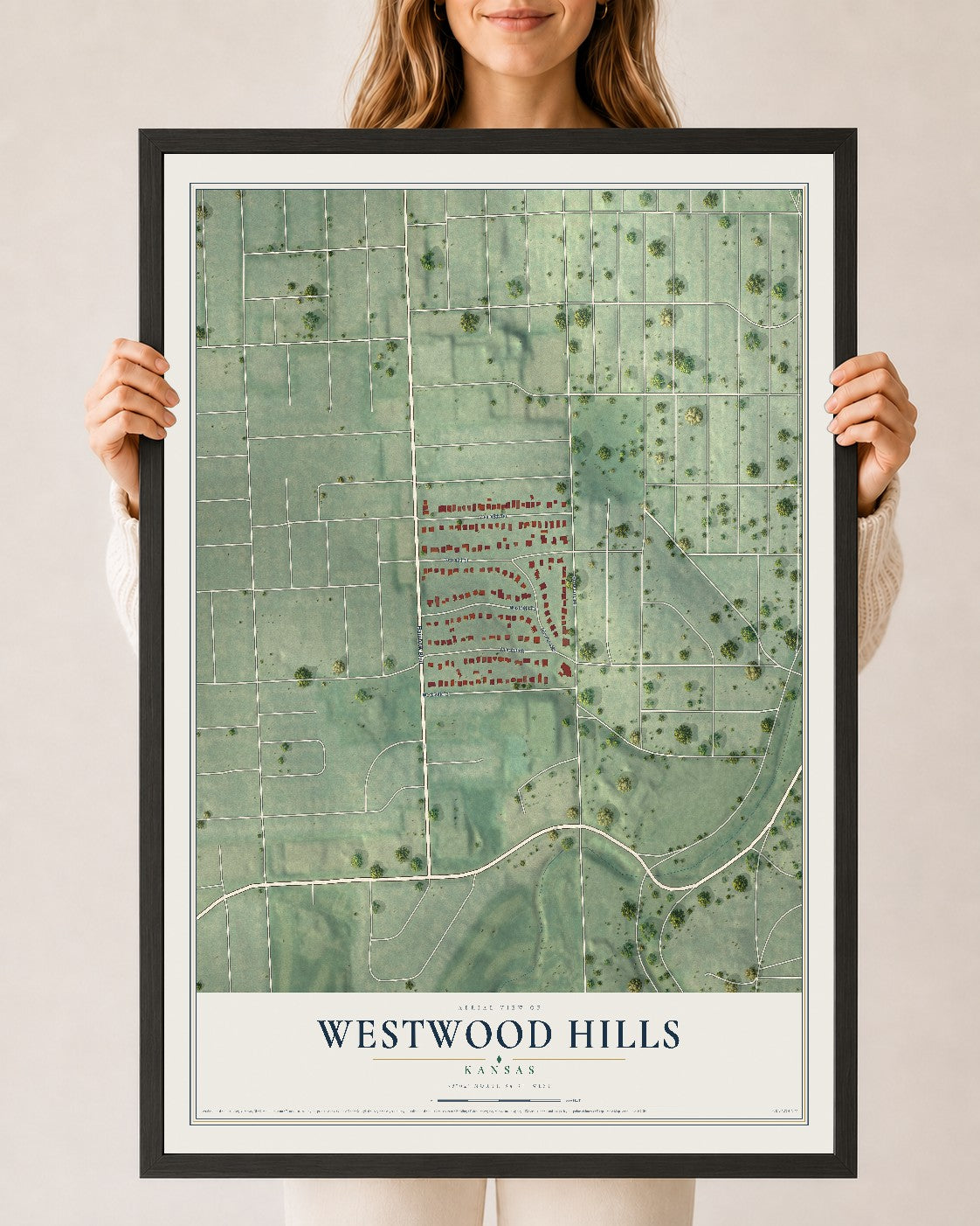 Map of Westwood Hills, Kansas, 24 x 36 inch print in a black wood frame