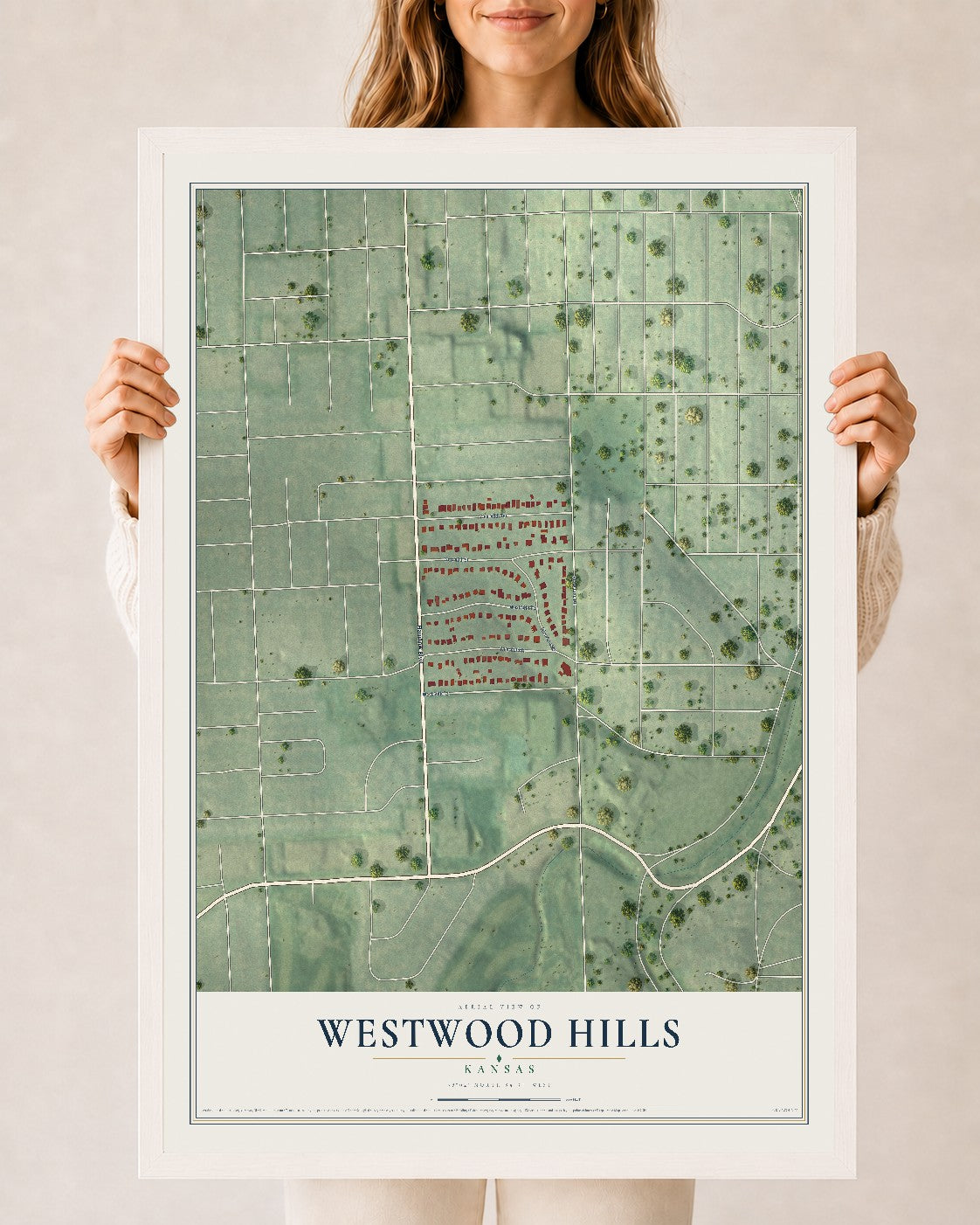 Map of Westwood Hills, Kansas, 24 x 36 inch print in a white wood frame