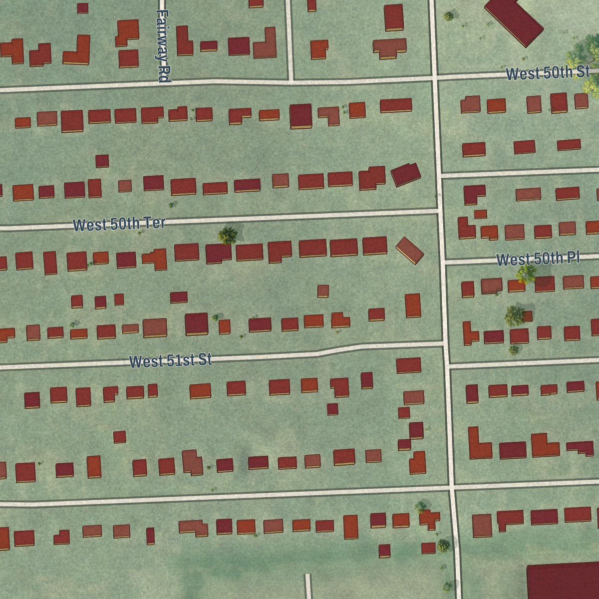 Second close-up of the map of Westwood, Kansas print showing more streets and buildings