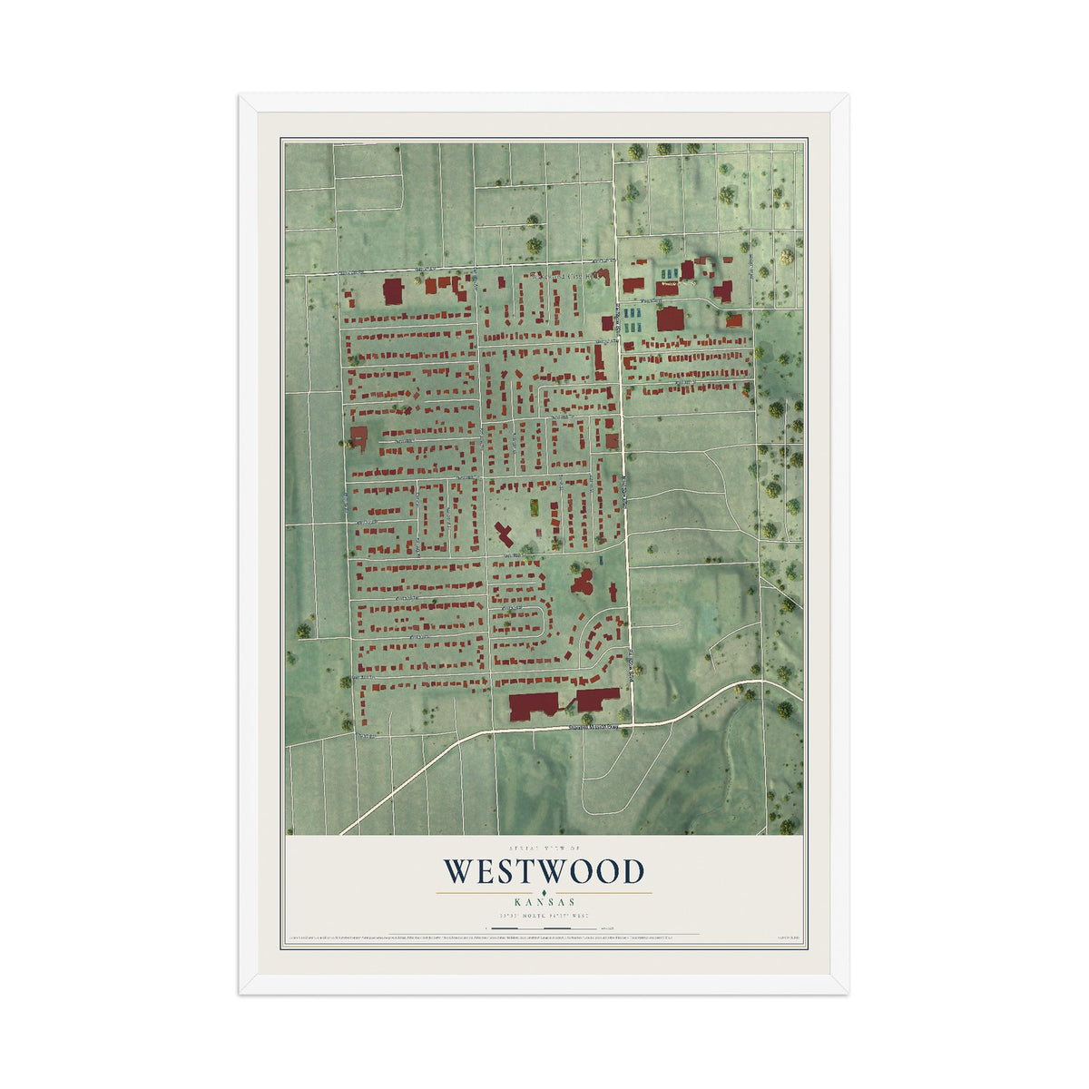 Map of Westwood, Kansas, 12 x 18 inch print in a white wood frame
