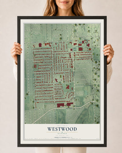 Map of Westwood, Kansas, 24 x 36 inch print in a black wood frame
