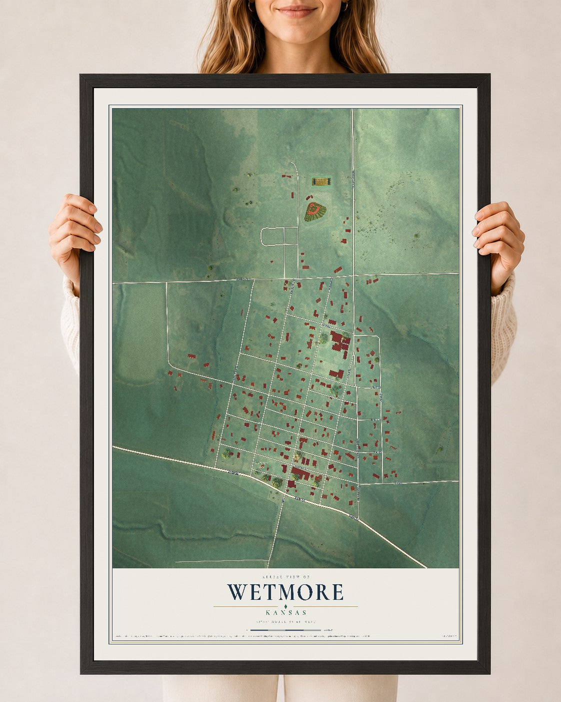 Map of Wetmore, Kansas, 24 x 36 inch print in a black wood frame