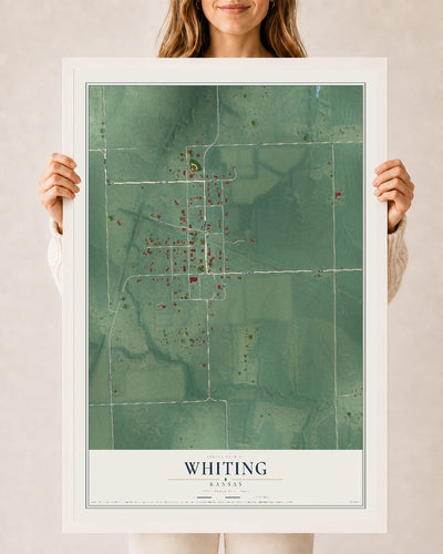 Map of Whiting, Kansas, 24 x 36 inch print in a white wood frame