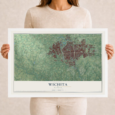 Map of Wichita, Kansas, 12 x 18 inch print in a white wood frame
