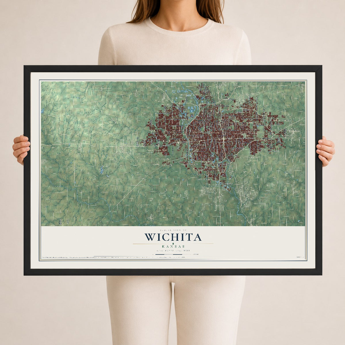 Map of Wichita, Kansas, 24 x 36 inch print in a black wood frame