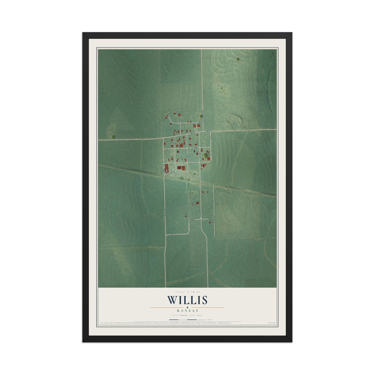 Map of Willis, Kansas, 12 x 18 inch print in a black wood frame