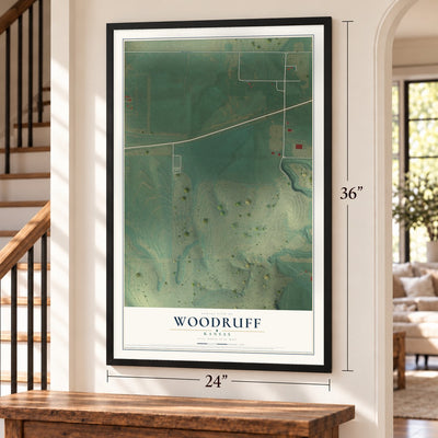 Woodruff, Kansas map, 24 x 36 inch print in a black frame by a staircase