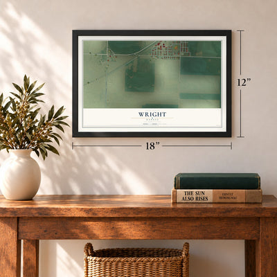 Wright, Kansas map, 12 x 18 inch print in a black frame in an entryway