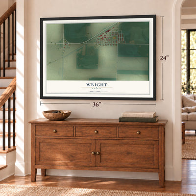 Wright, Kansas map, 24 x 36 inch print in a black frame above a dresser by a staircase